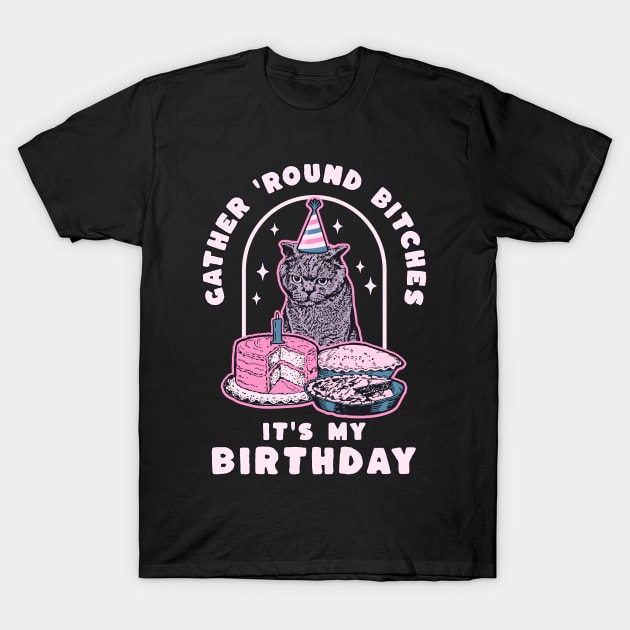 Funny Birthday Cat Gather Round Bitches It's My Birthday T-Shirt by graphicbombdesigns